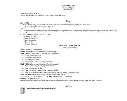 Đề kiểm tra học kì I kiểm tra 15 phút môn sinh học 8